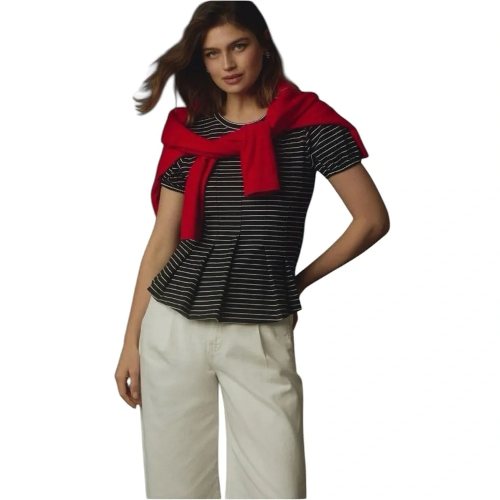EUC Maeve for Anthropologie Corset Peplum Black and White Striped Blouse (G)